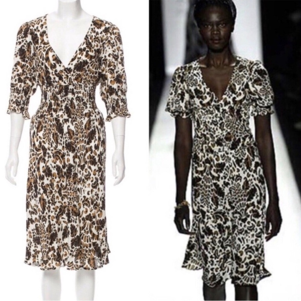 DIANE VON FURSTENBERG Martina Shirred Waist Animal Print Midi Dress Size 6